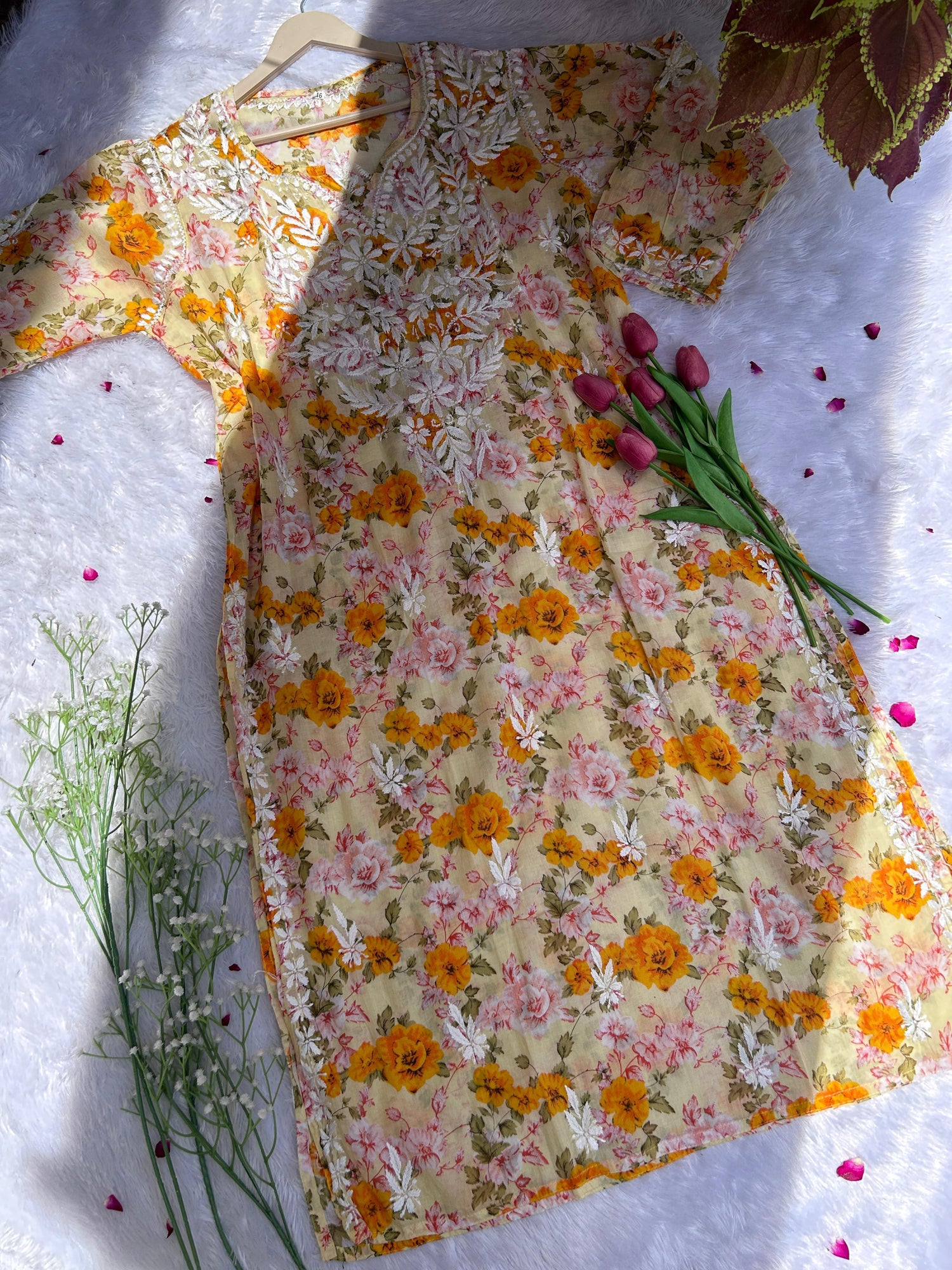 Fiza Mulmul Chikankari Printed Kurti Yellow - Hayat&