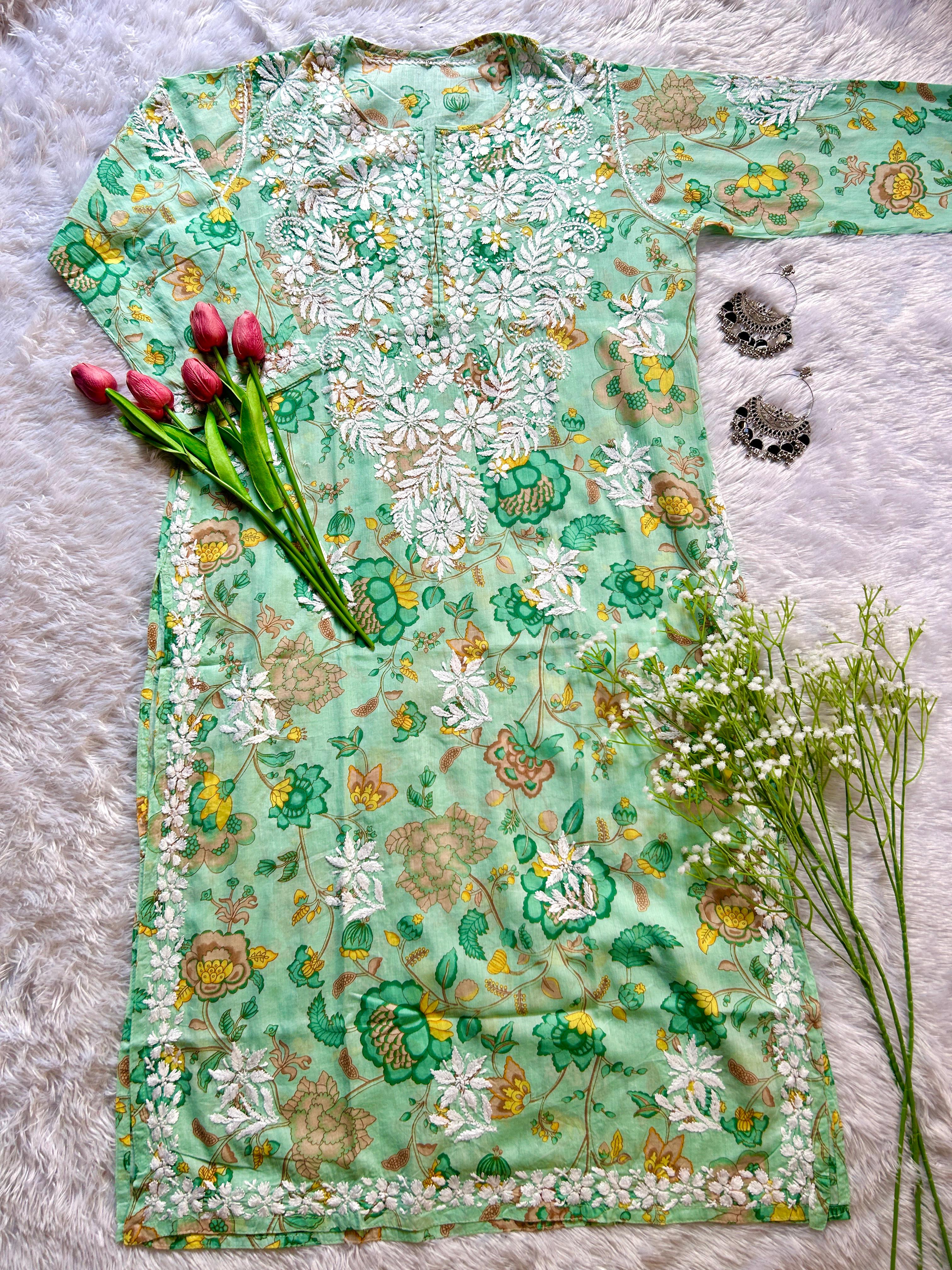 Nida Light Green Mul Mul Kurta - Hayat&