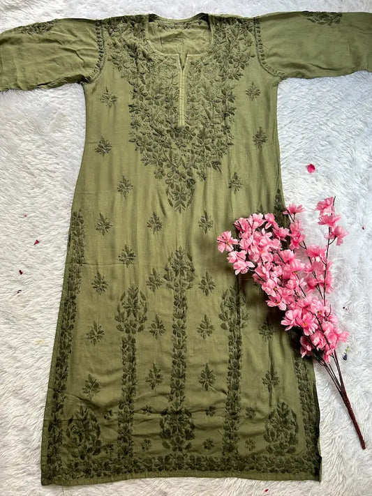 Green Chikankari Modal Long Kurta