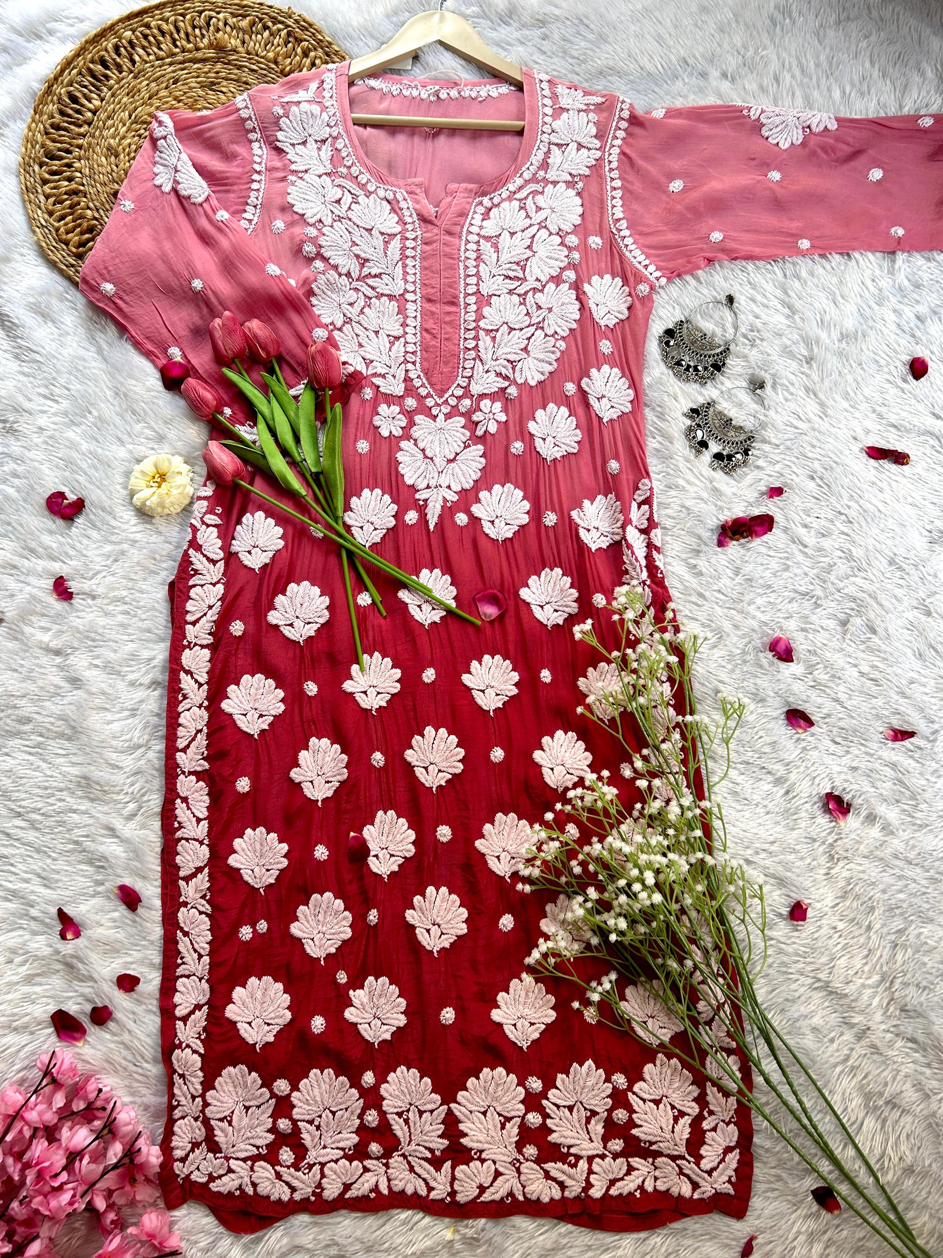 Asma Dusty Rose Pink Muslin Crepe Kurtis - Hayat's Lucknowi