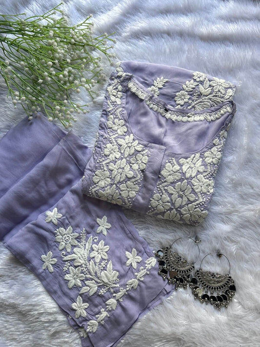 Aiman Lavender Chikankari Modal Co-ord - Hayat's Lucknowi