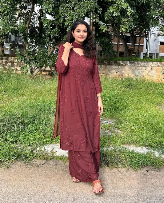 Zeenat Brown Rayon Chikankari Suit Set
