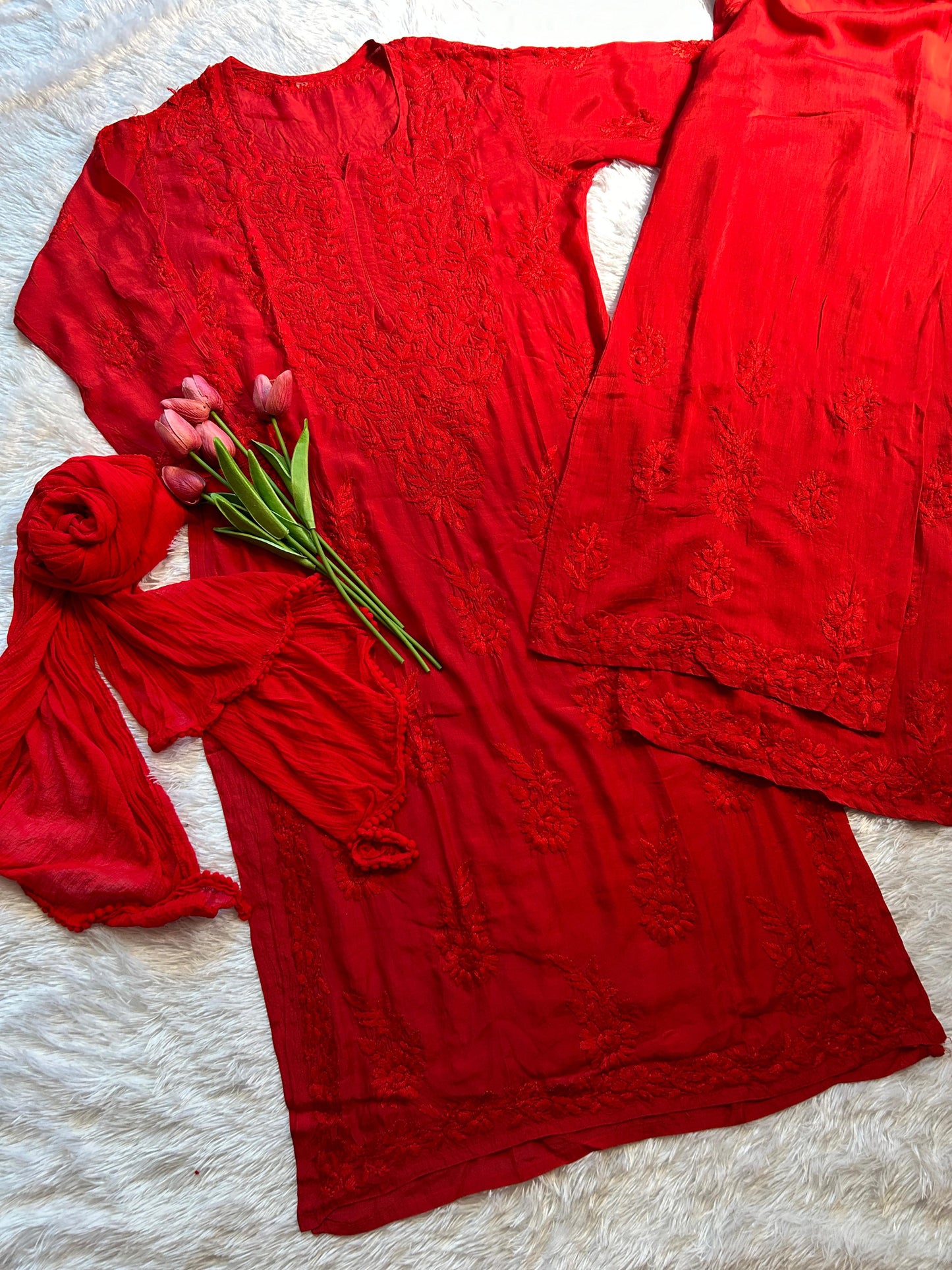 Romana Red Chikankari Muslin Set