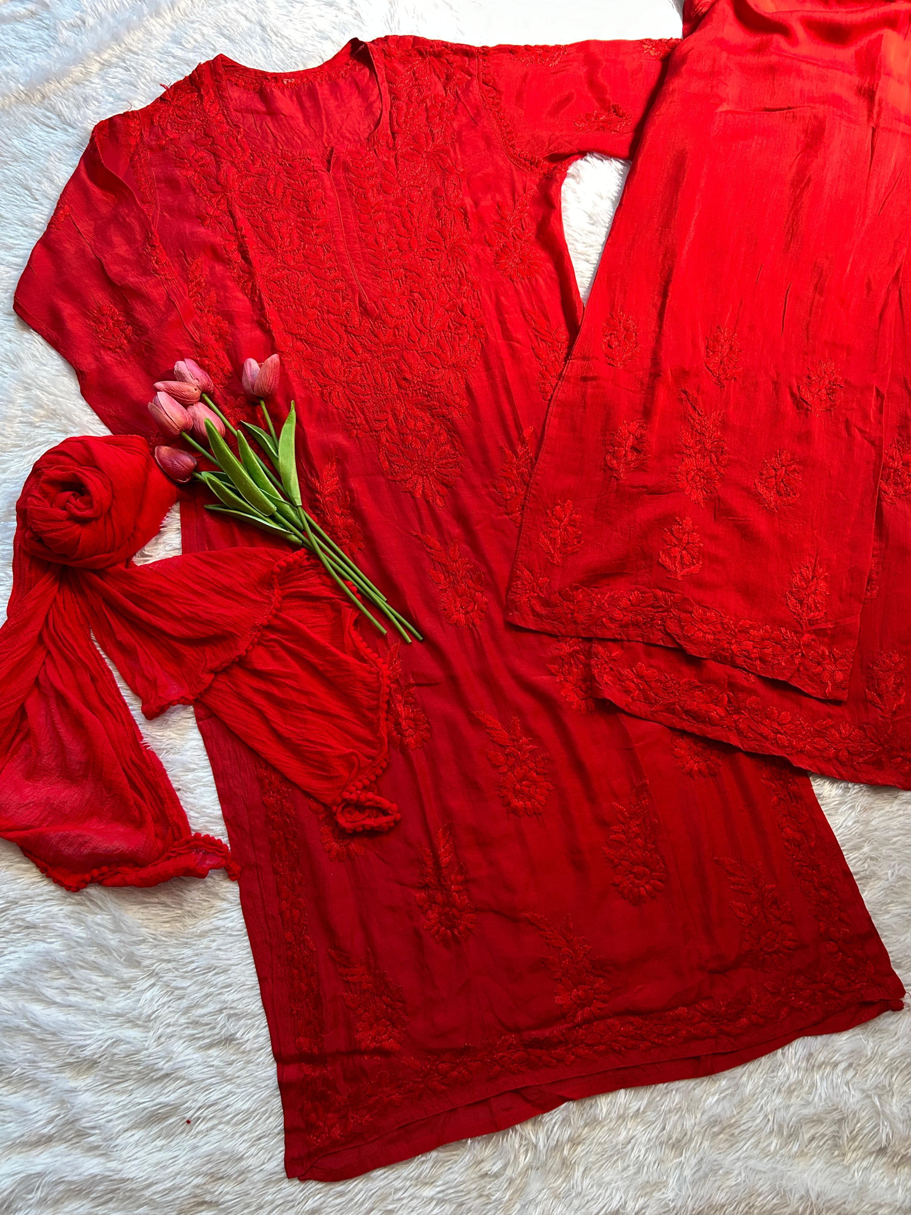 Romana Red Chikankari Muslin Set - Hayat&