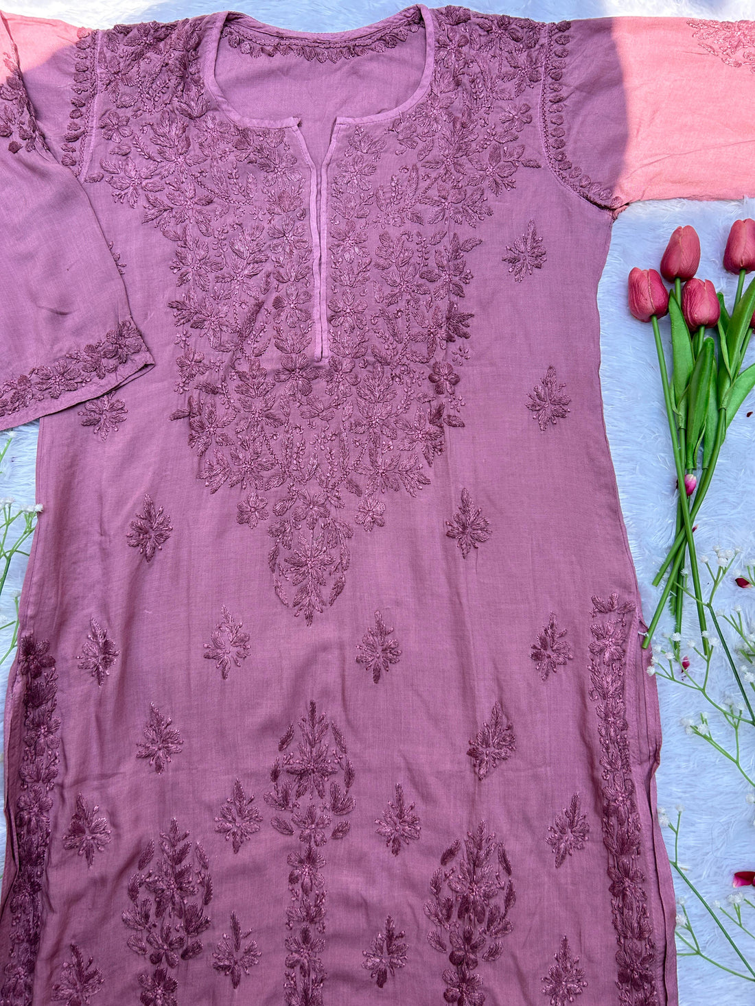 Mauve Chikankari Modal Long Kurta - Hayat&