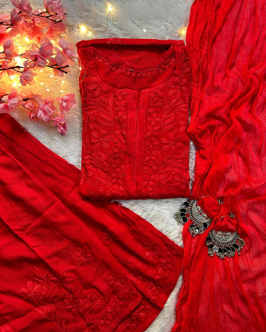 Zeenat Red Rayon Chikankari Set - Hayat's Lucknowi