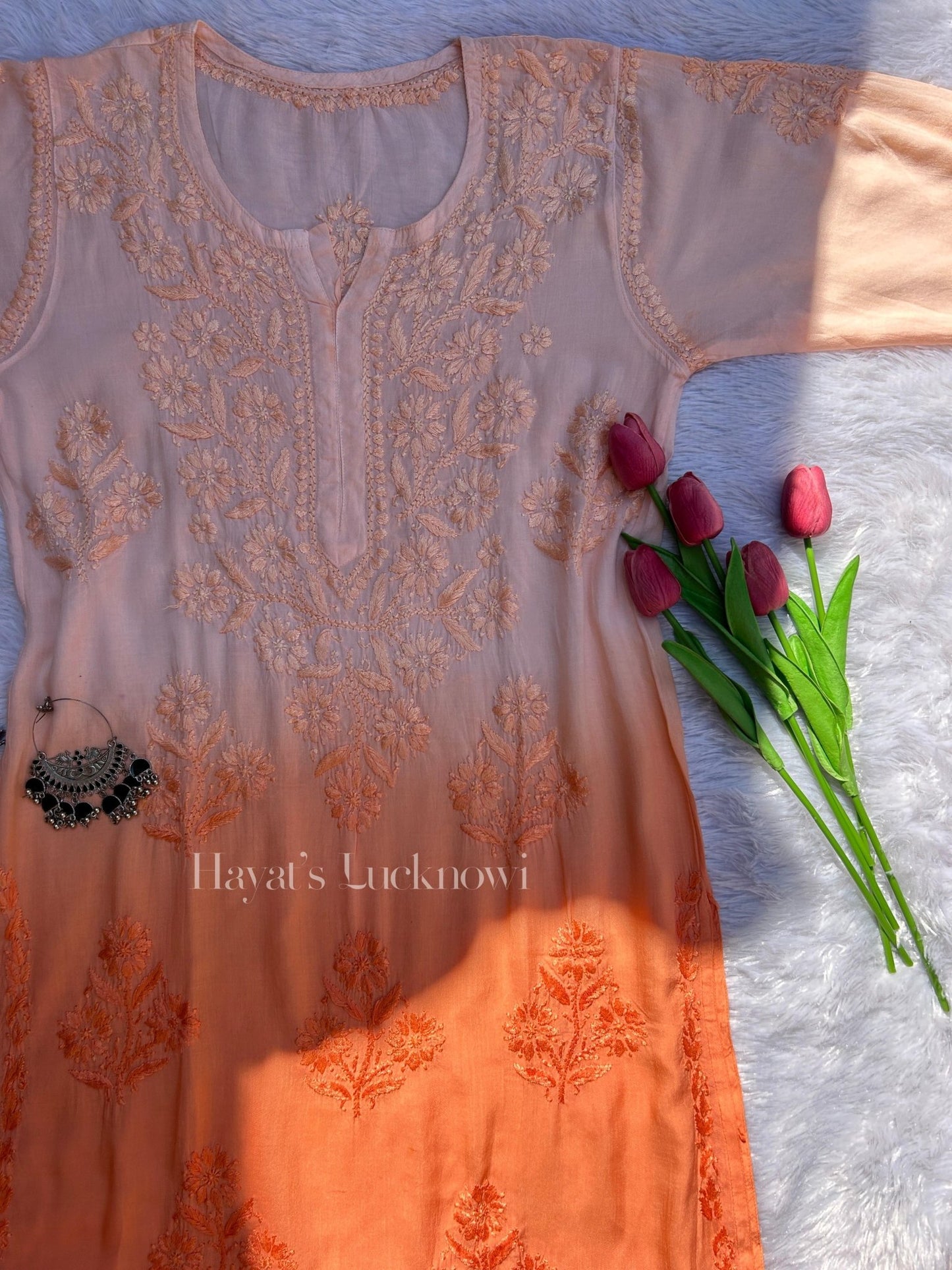 Amara Peach Ombre Modal Kurti - Hayat's Lucknowi