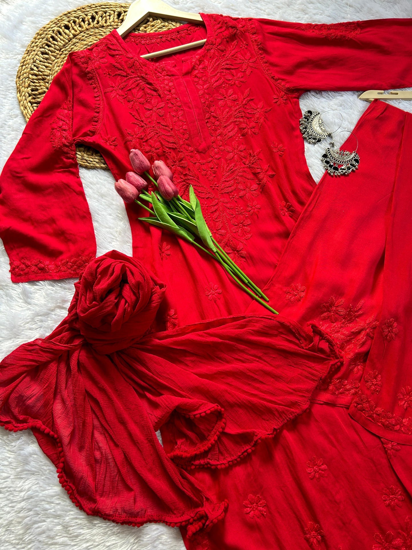 Zeenat Red Rayon Chikankari Set - Hayat's Lucknowi