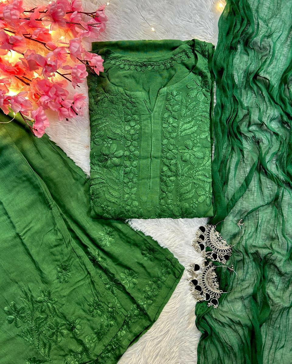 Zeenat Bottle Green Rayon Chikankari Set - Hayat's Lucknowi