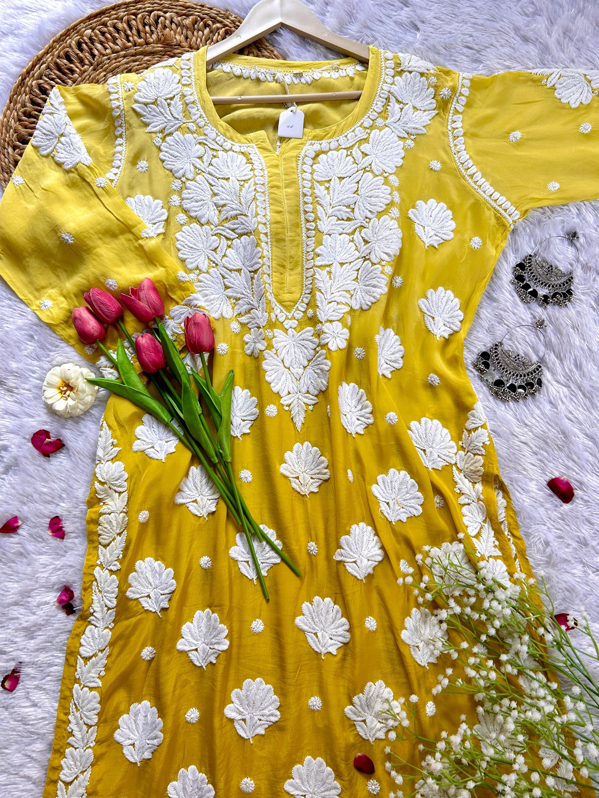 Asma Yellow Muslin Crepe Kurti - Hayat's Lucknowi