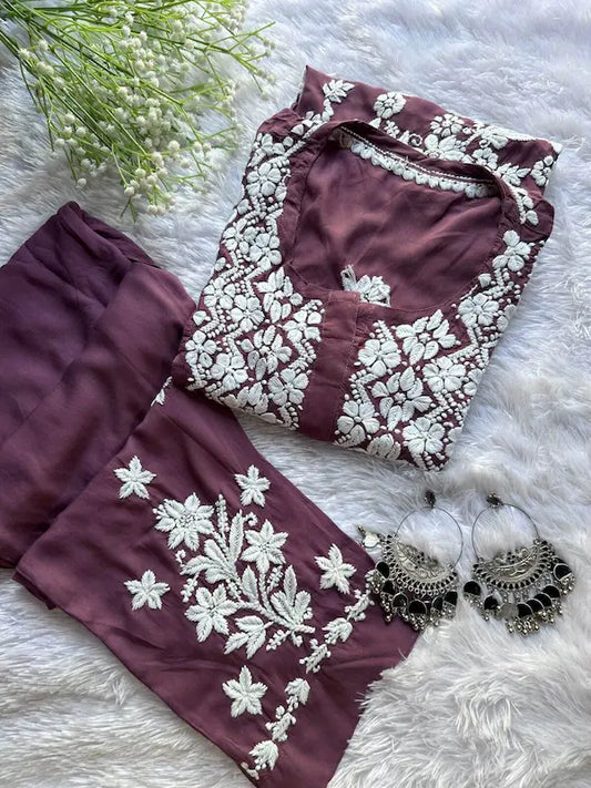 Mauve modal co-ord with chikankari embroidery by Hayat’s Lucknowi