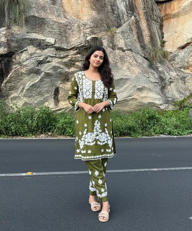 
Aiman mehendi green modal Lucknowi chikankari kurta set featuring intricate hand embroidery and elegant traditional craftsmanship for graceful festive and ethnic wear by Hayat's Lucknowi.
