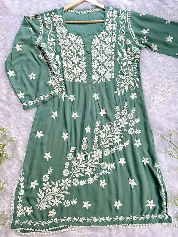 Sage green modal co-ord with Lucknowi chikankari embroidery by Hayat’s Lucknowi