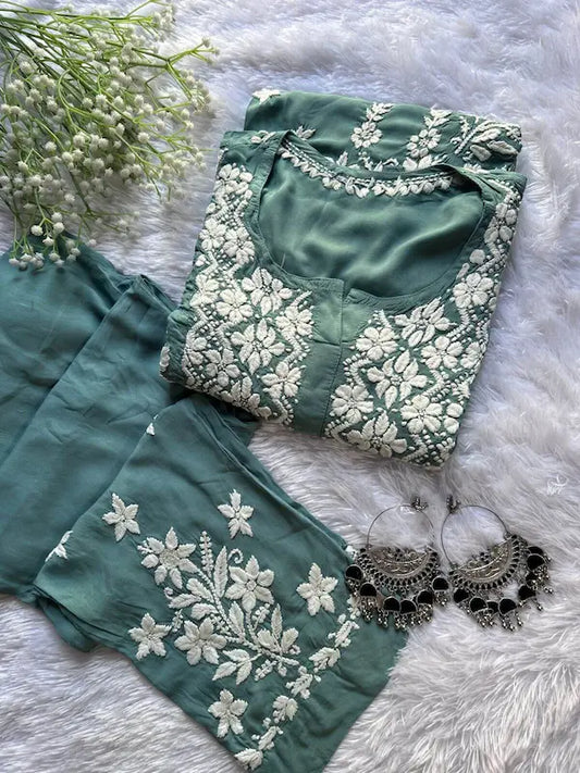 Sage green modal co-ord with Lucknowi chikankari embroidery by Hayat’s Lucknowi