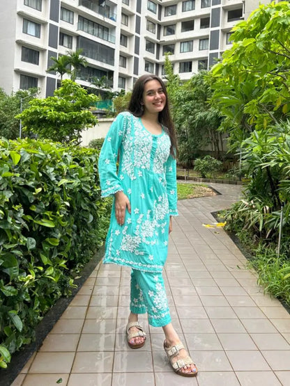 Turquoise modal co-ord with chikankari embroidery by Hayat’s Lucknowi