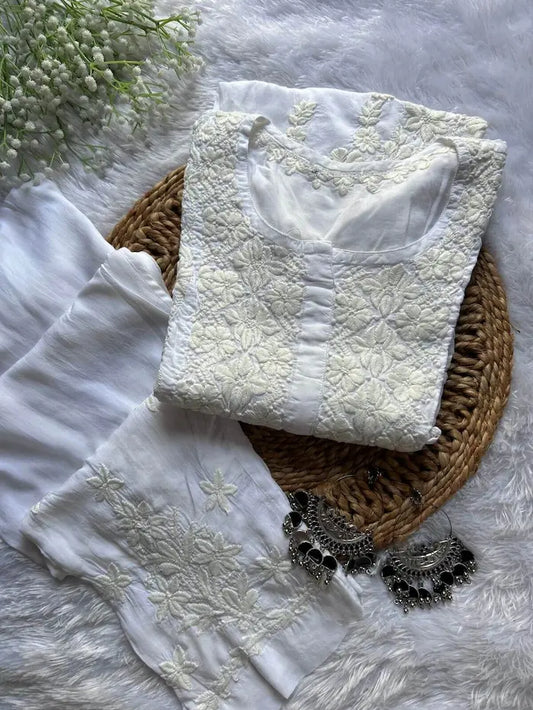 White modal co-ord with Lucknowi chikankari embroidery by Hayat’s Lucknowi