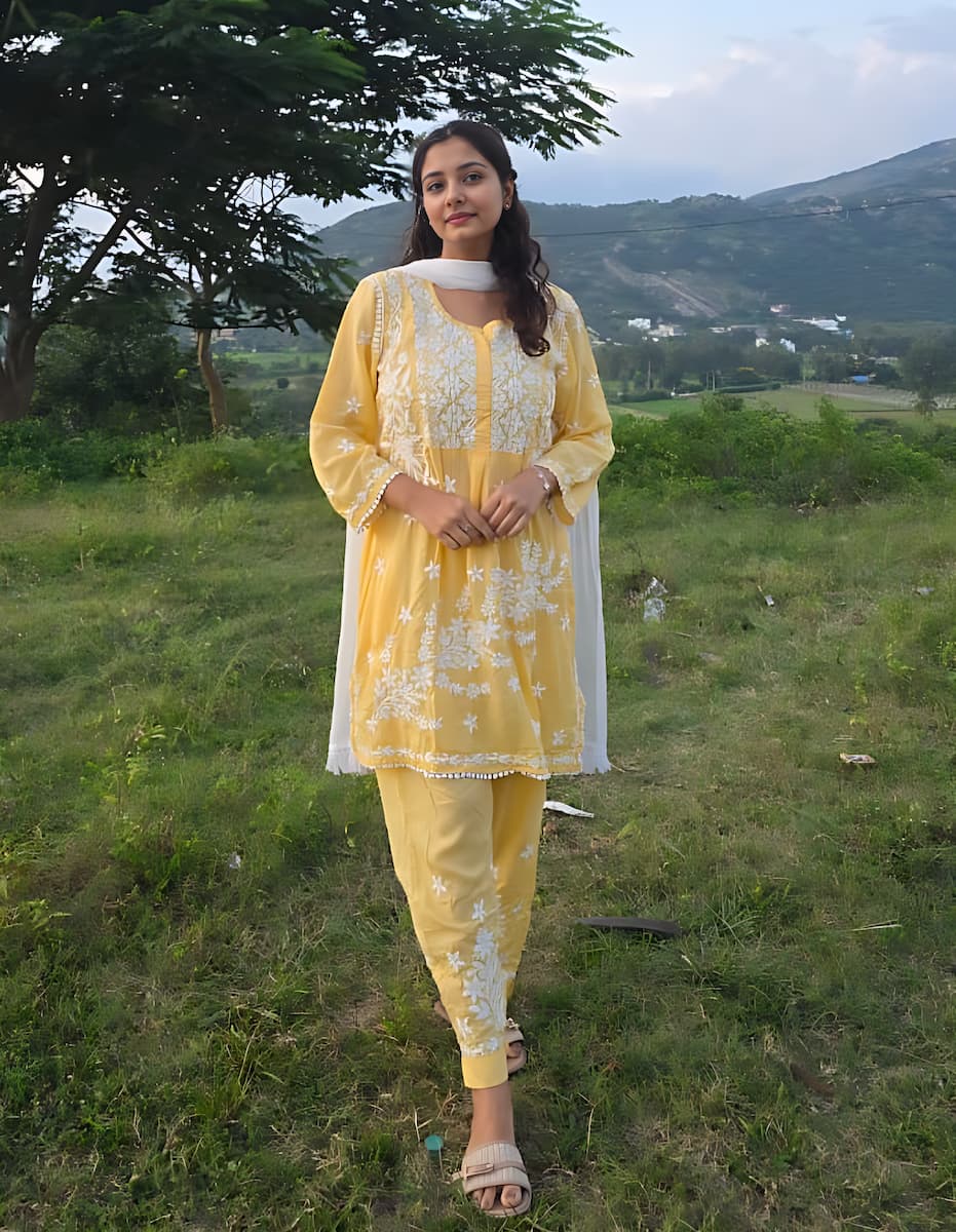 
Aiman yellow modal Lucknowi chikankari kurta set featuring delicate hand embroidery for a bright and elegant ethnic ensemble by Hayat's Lucknowi
