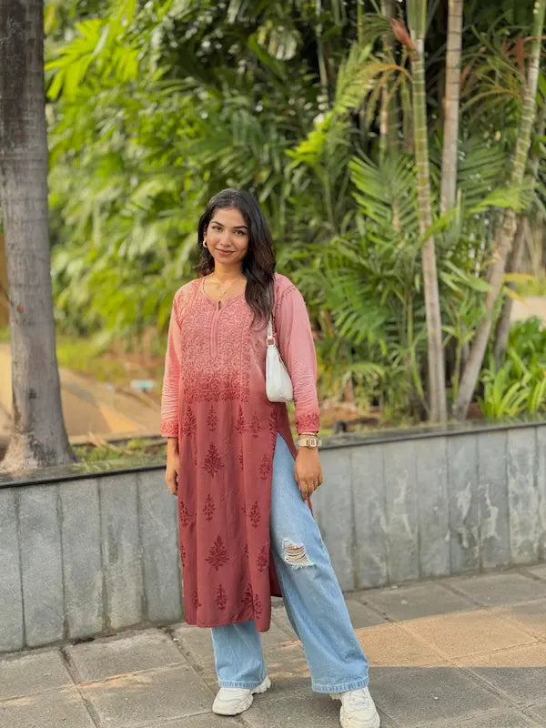 Brown ombre modal chikankari kurti by Hayat’s Lucknowi