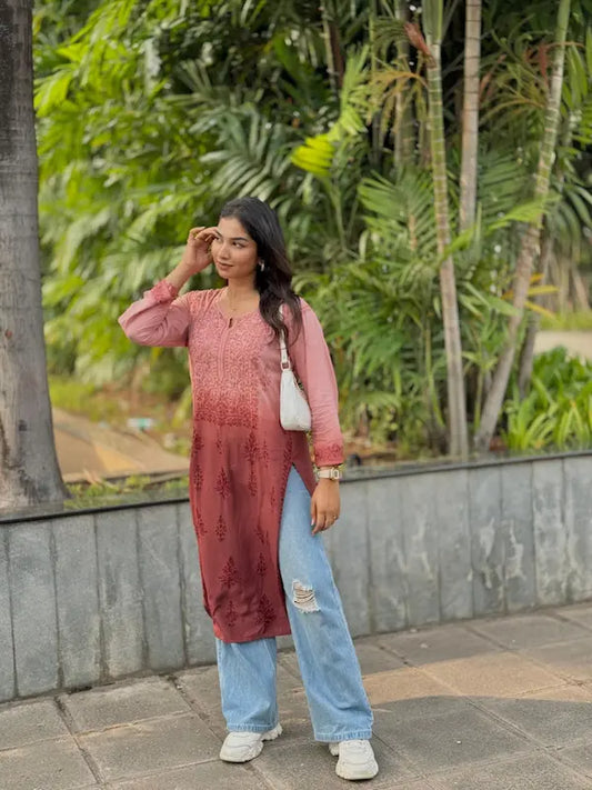 Brown ombre modal chikankari kurti  top by Hayat’s Lucknowi