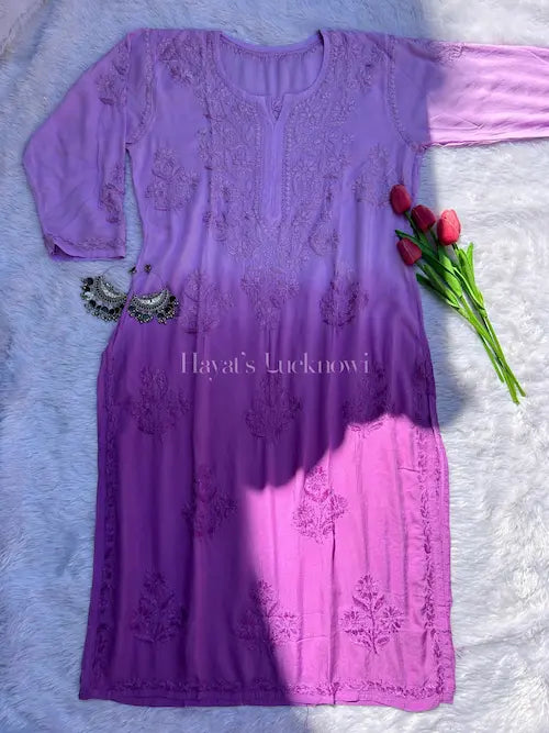 Lilac ombre modal kurti with chikankari embroidery by Hayat’s Lucknowi