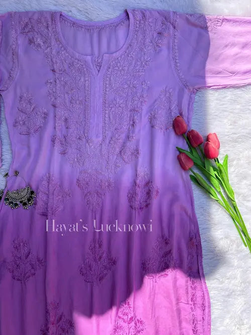Lilac ombre modal kurti with chikankari embroidery by Hayat’s Lucknowi
