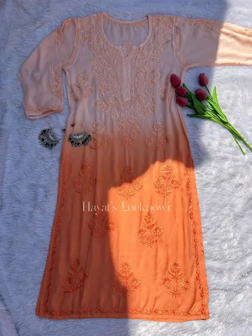 	Peach ombre modal kurti with chikankari embroidery by Hayat’s Lucknowi