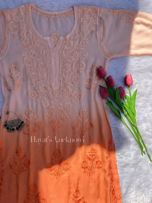 Peach ombre modal kurti with chikankari embroidery by Hayat’s Lucknowi