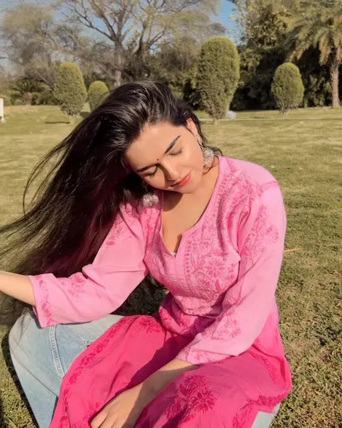 
Amara pink ombre chikankari modal kurti featuring delicate hand embroidery and soft premium modal fabric for elegant everyday and festive ethnic wear by Hayat's Lucknowi.
