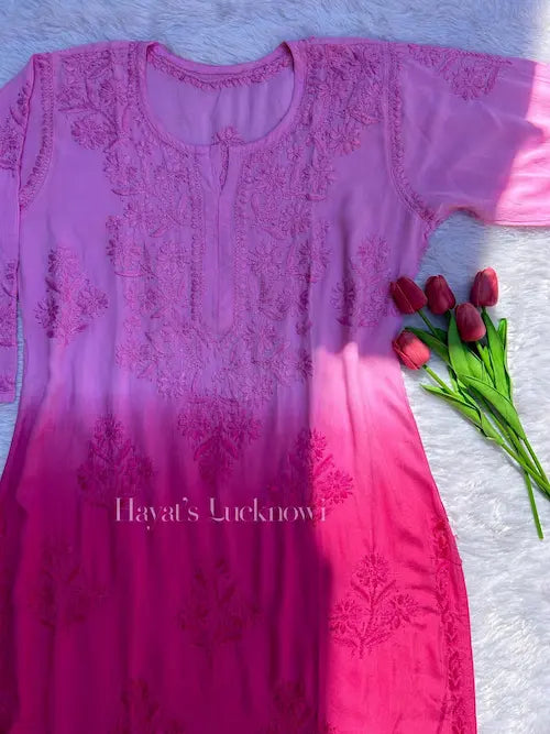 
Amara pink ombre chikankari modal kurti featuring delicate hand embroidery and soft premium modal fabric for elegant everyday and festive ethnic wear by Hayat's Lucknowi.
