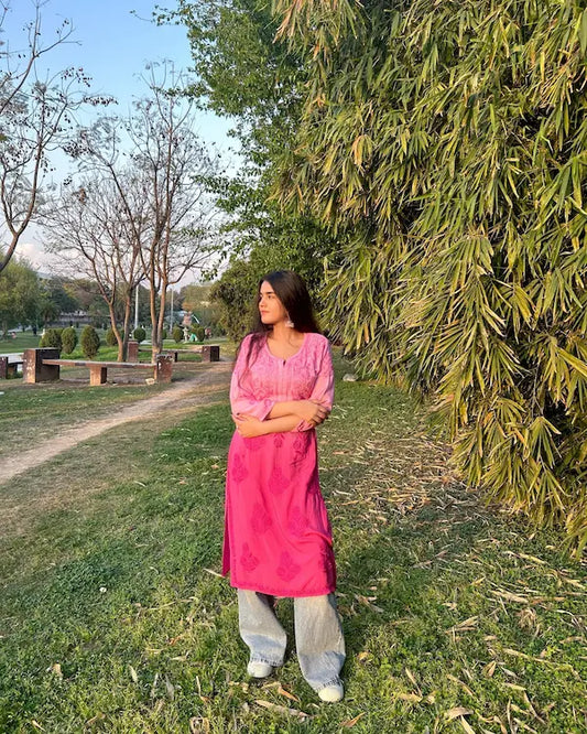 
Amara pink ombre chikankari modal kurti featuring delicate hand embroidery and soft premium modal fabric for elegant everyday and festive ethnic wear by Hayat's Lucknowi.
