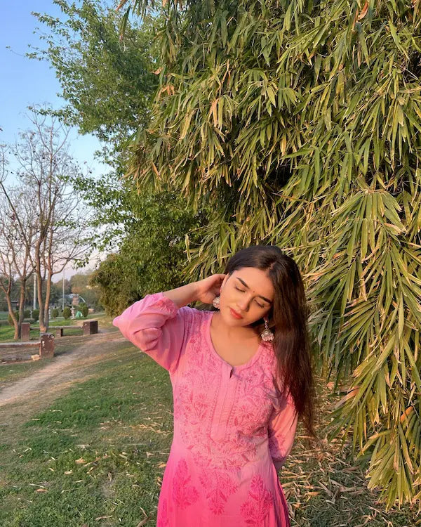 
Amara pink ombre chikankari modal kurti featuring delicate hand embroidery and soft premium modal fabric for elegant everyday and festive ethnic wear by Hayat's Lucknowi.
