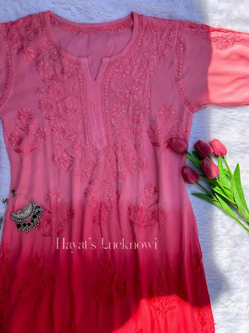 Red ombre modal kurti with chikankari embroidery by Hayat’s Lucknowi
