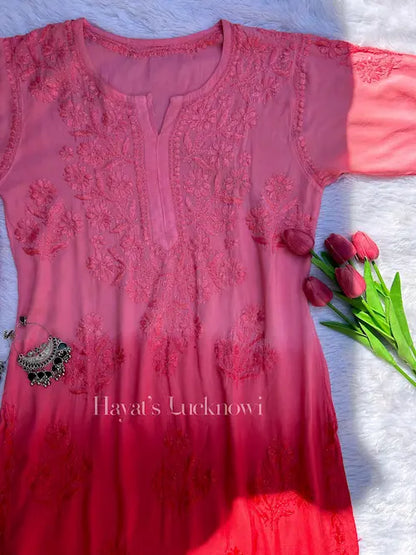Red ombre modal kurti with chikankari embroidery by Hayat’s Lucknowi