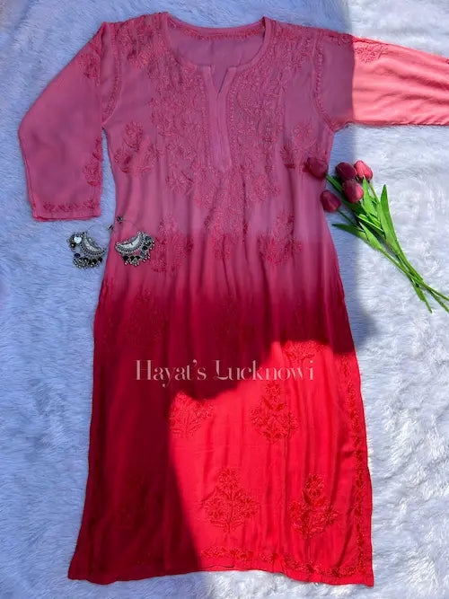 Red ombre modal kurti with chikankari embroidery by Hayat’s Lucknowi