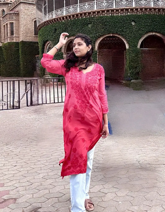 
Amara red ombre modal Lucknowi chikankari kurta featuring exquisite hand embroidery for a vibrant and elegant ethnic style by Hayat's Lucknowi
