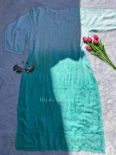 Teal ombre modal kurti with chikankari embroidery by Hayat’s Lucknowi