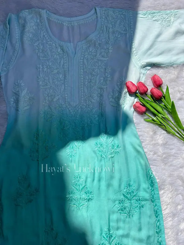 Teal ombre modal kurti with chikankari embroidery by Hayat’s Lucknowi
