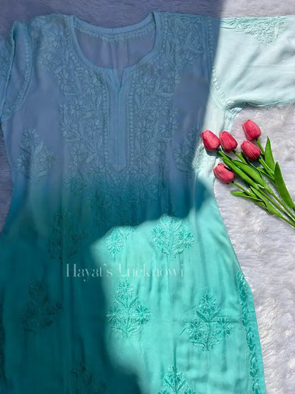 Teal ombre modal kurti with chikankari embroidery by Hayat’s Lucknowi