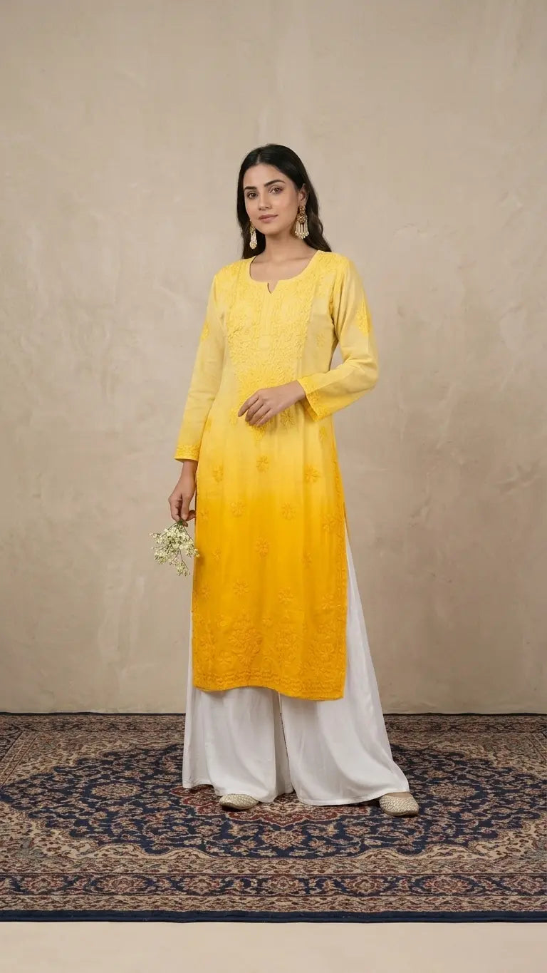 
Amara yellow ombre chikankari modal kurta featuring delicate hand embroidery and soft premium modal fabric for bright and graceful everyday ethnic wear by Hayat's Lucknowi.
