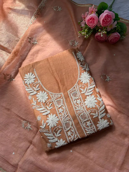 
Amber women's brown mul Chanderi handwork kurta and dupatta unstitched suit featuring intricate handcrafted detailing and elegant traditional styling for timeless ethnic wear by Hayat's Lucknowi.

