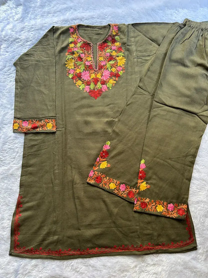 
Ash brown Kashmiri woolen pheran co-ord set designed for winter ethnic elegance by Hayat's Lucknowi
