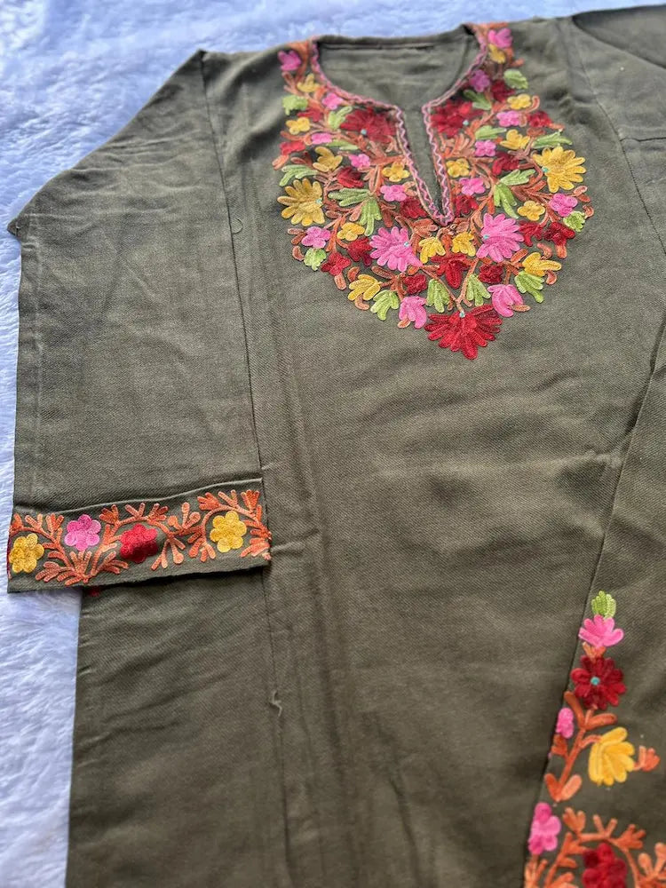 
Ash brown Kashmiri woolen pheran co-ord set designed for winter ethnic elegance by Hayat's Lucknowi
