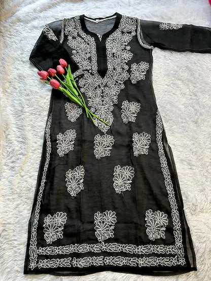 Black georgette kurti with chikankari embroidery by Hayat’s Lucknowi