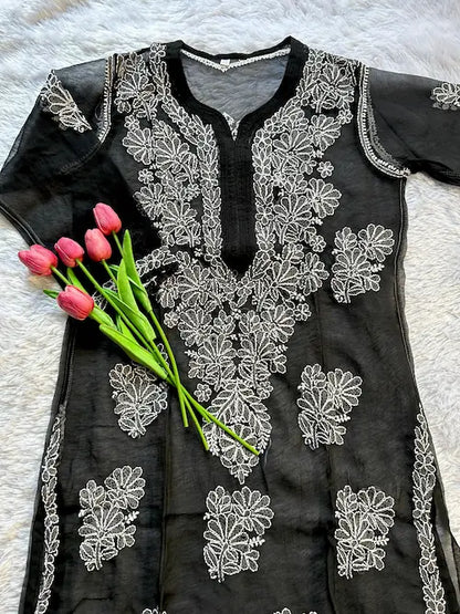 Black georgette kurti with  White  full sleeves  casual wear chikankari embroidery by Hayat’s Lucknowi