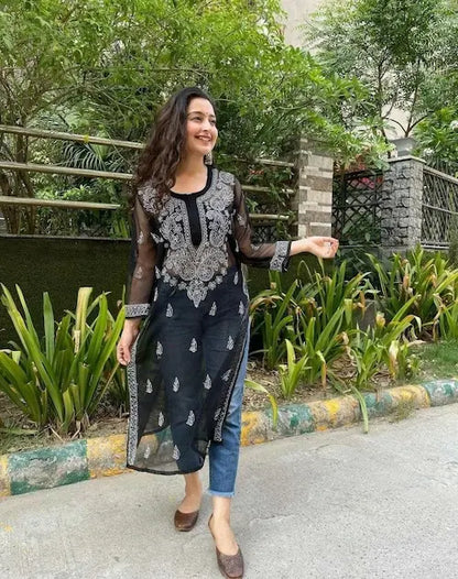 Black georgette kurti with chikankari embroidery by Hayat’s Lucknowi