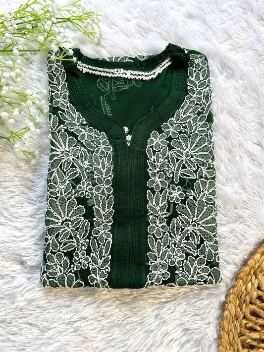 Bottle green georgette chikankari kurti by Hayat’s Lucknowi