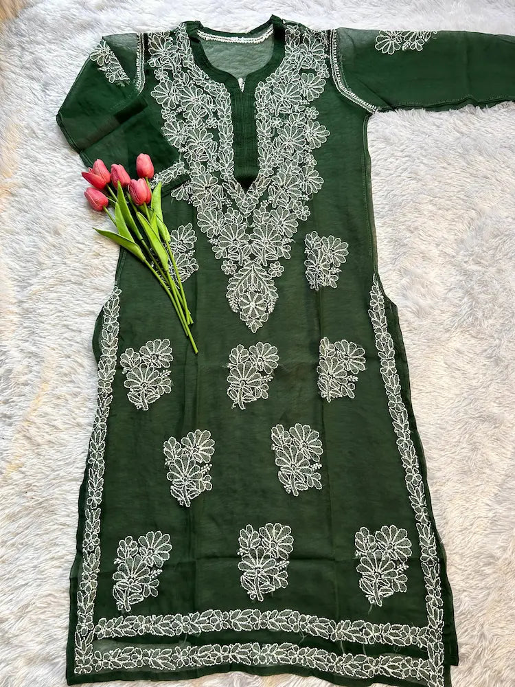 Bottle green georgette chikankari kurti  festive wear by Hayat’s Lucknowi