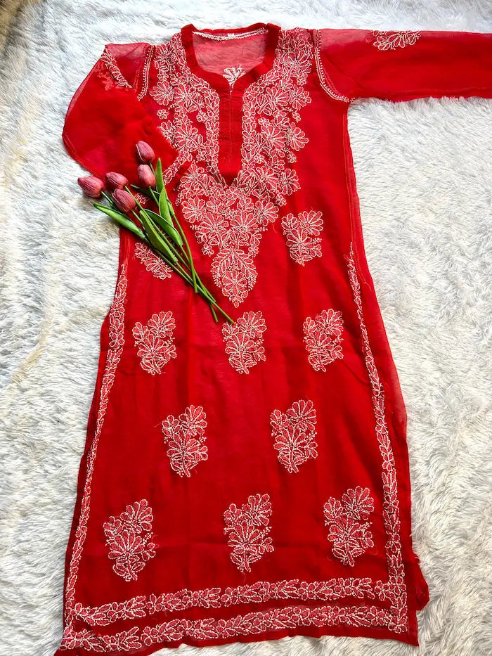 Red georgette chikankari kurti  full sleeves with embroidery by Hayat’s Lucknowi