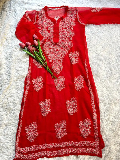 Red georgette chikankari kurti  full sleeves with embroidery by Hayat’s Lucknowi