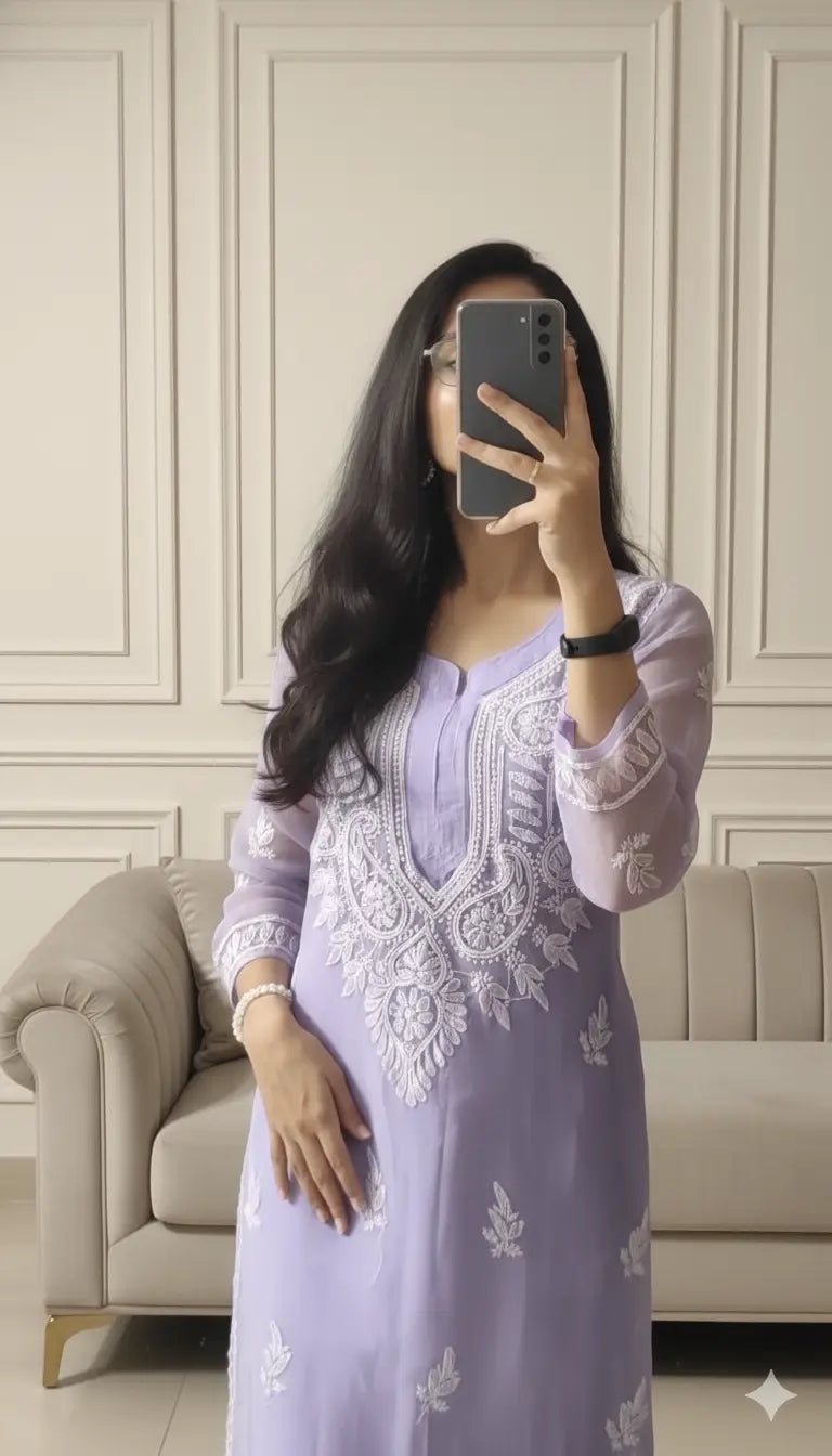 
Lavender georgette chikankari kurti showcasing elegant Lucknowi craftsmanship by Hayat's Lucknowi
